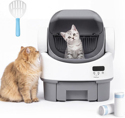 WARCAT Self-Cleaning Cat Litter Box, Open-Top, Any Clumping Litter, Grey