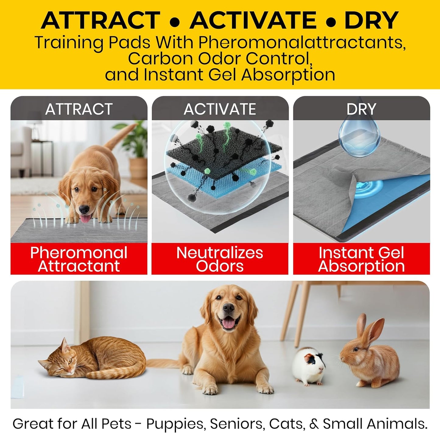 Glad for Pets Black Charcoal Puppy Pads - Super Absorbent Disposable Dog Pee Pads, Potty Training Pads, and Pet Supplies - Dog Pee Pads for Crate Training and Indoor Use 23" X 23" - 50 Count