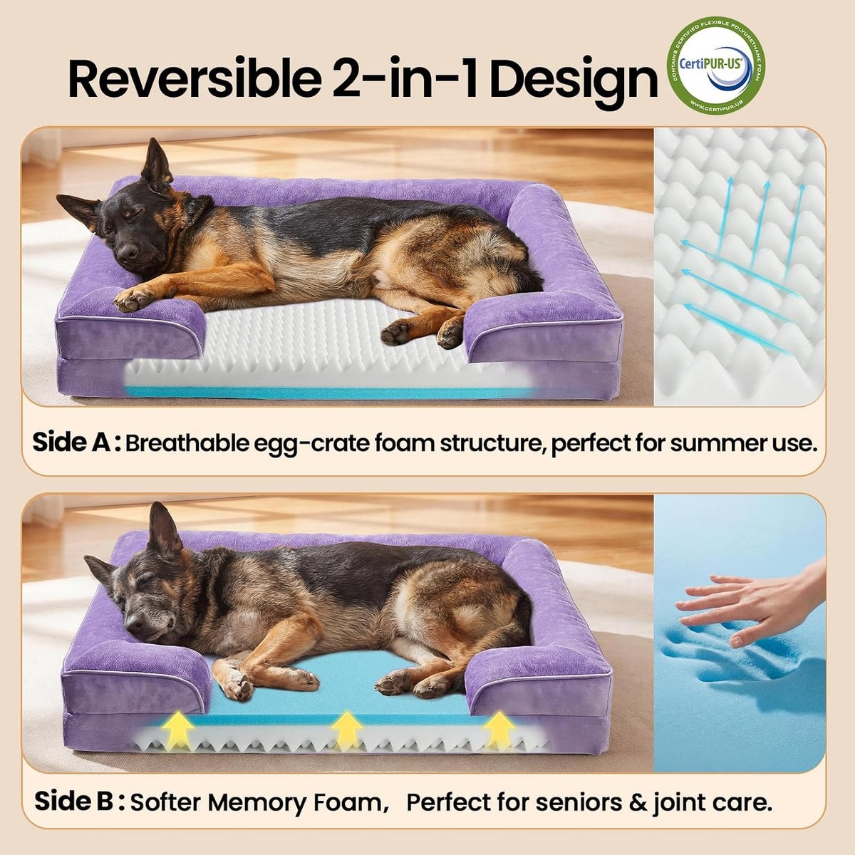 Ohgeni Orthopedic Extra Large Dog Bed Couch, Memory Foam, 44-Inch (Purple)