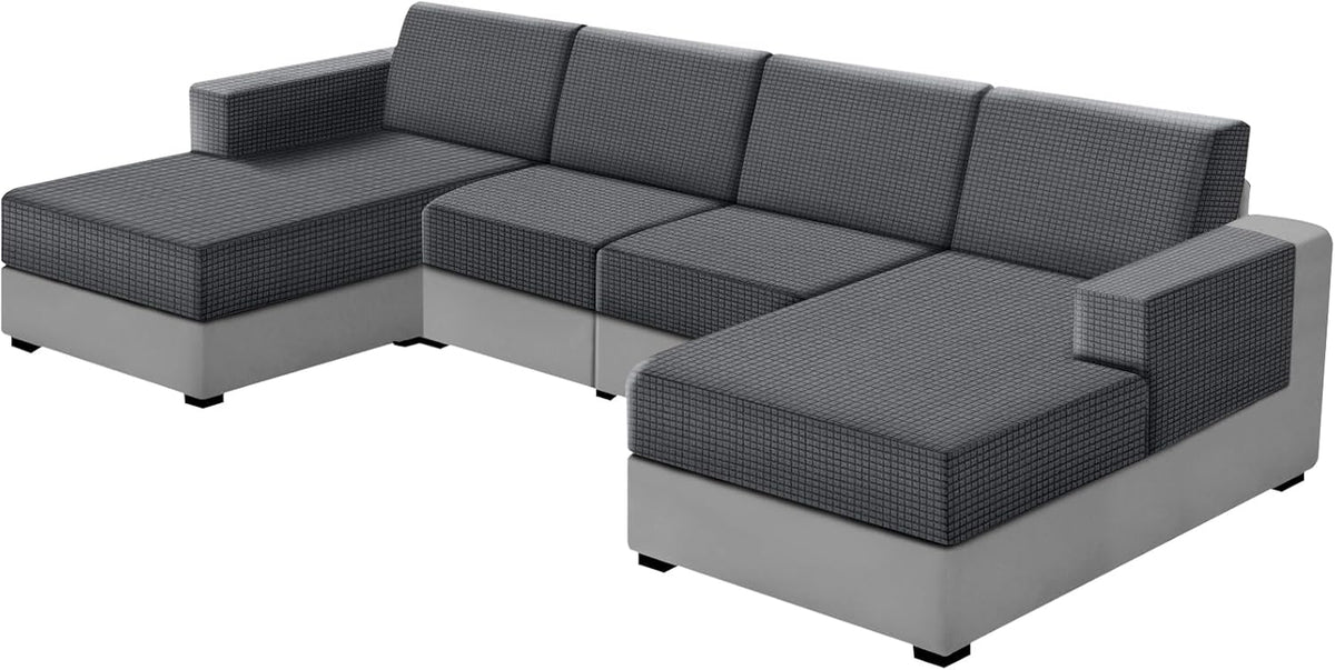 UNBBRRL 10 Pieces U Shaped Sectional Couch Covers 4 Seats + 4 Backs + 2 Arms, Stretch Jacquard Sofa Cushion Cover with Double Upholstered Chaise for Living Room Rv(Mid Grey,10 Pieces Set)