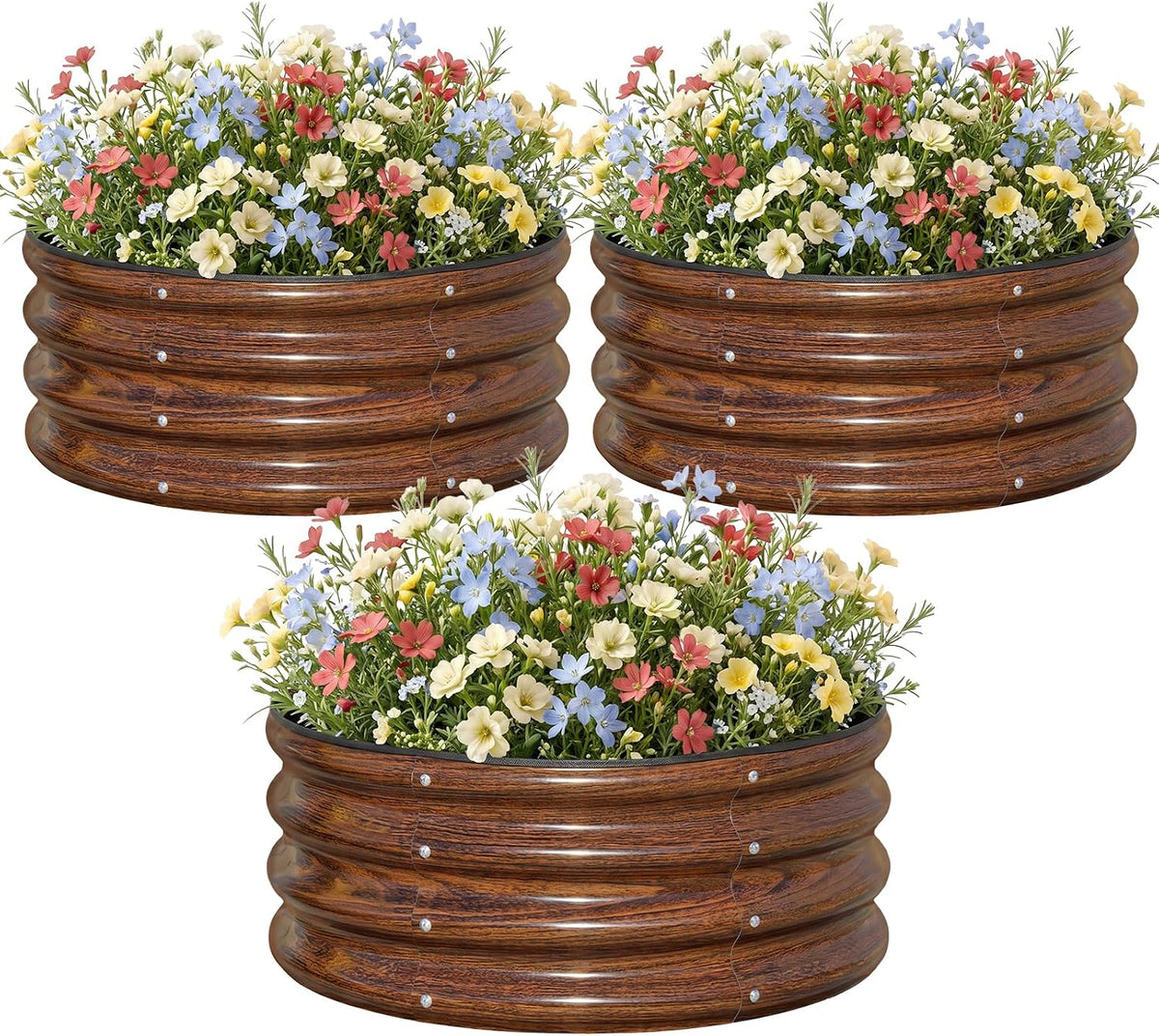 Snugniture 3 Pcs 2X2X1Ft round Galvanized Raised Garden Bed Kit Outdoor, Metal Planter Box for Planting Plants Vegetables, Brown