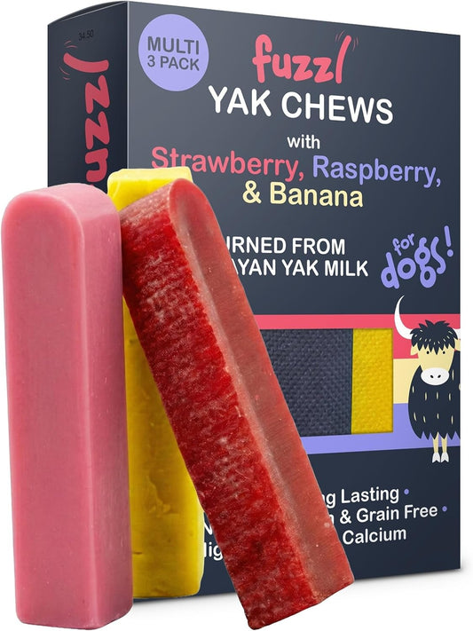 Fuzzl Strawberry, Raspberry, Banana Yak Chews for Dogs Box 3 225G | Natural Himalayan Yak Cheese Treats | Long-Lasting, Grain-Free, Antioxidant & Vitamin-Rich Dental Chews