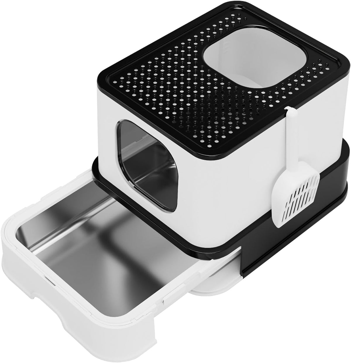RIZZARI Stainless Steel Litter Box: Enclosed Pull-Out Drawer Top Exit
