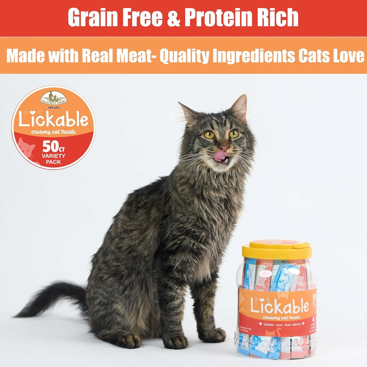 Fieldcrest Farms Lickable Creamy Cat Treats – 50Ct Variety Pack – 4 Savory Flavors (Chicken, Tuna, Duck, Salmon) with Taurine – Smooth, Tasty Cat Treat Tubes – Serve by Hand, Dish, or as a Topper