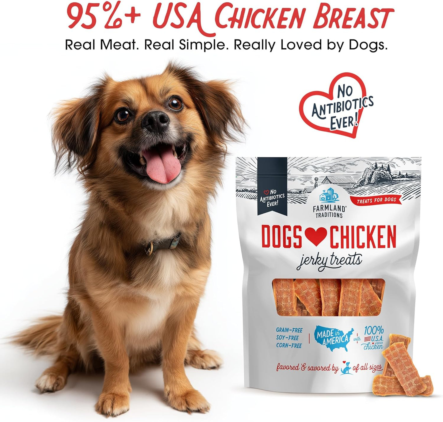 Farmland Traditions Dogs Love Chicken Jerky Dog Treats, Premium Two-Ingredient Dog Jerky with Usa-Raised Chicken & No Antibiotics Ever, 3 Pound (Pack of 1) Bag.