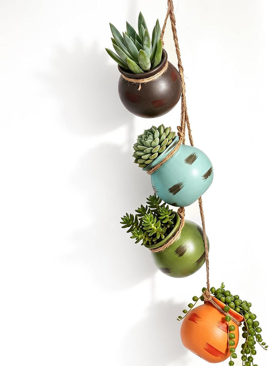 Yesland Ceramic Hanging Mini Flower Planters, Wall or Ceiling Mount - Dangling Container in Earth Tone Colored for Indoor Outdoor Decor - Set of 4