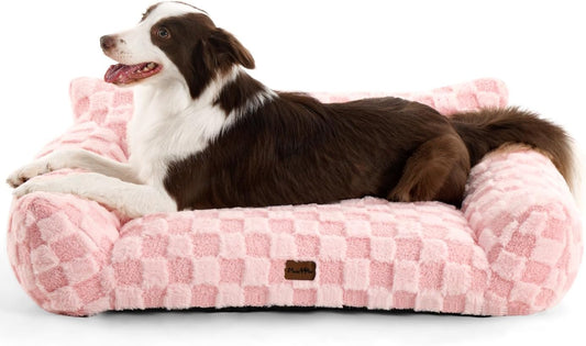 Made4Pets Dog Couch Bed, Soft Faux Fur Checkered Indoor Pet Sofa, Comfortable Fluffy Dog Sofa with Supportive Foam, Removable Washable Cover with Non-Slip Base, Pink, Large