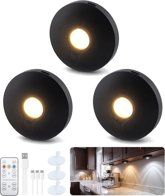 Rechargeable Magnetic Puck Lights, 3 Color under Cabinet Lighting with Remote & Touch Control, Dimmable Temps/Timing, Wireless Stick-On Lights for Kitchen Shelf Pantry Black