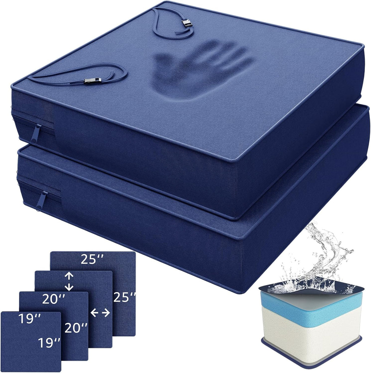YENING Memory Foam Outdoor Chair Cushions Waterproof 4 Inch Extra Thick Patio Seat Pads for Furniture 20X20 Navy Blue Set of 2