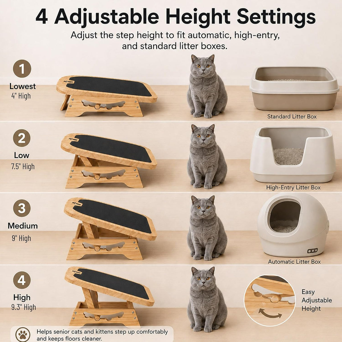 Wooden Litter Box Ramp, 4-Position Adjustable Cat Step for Automatic