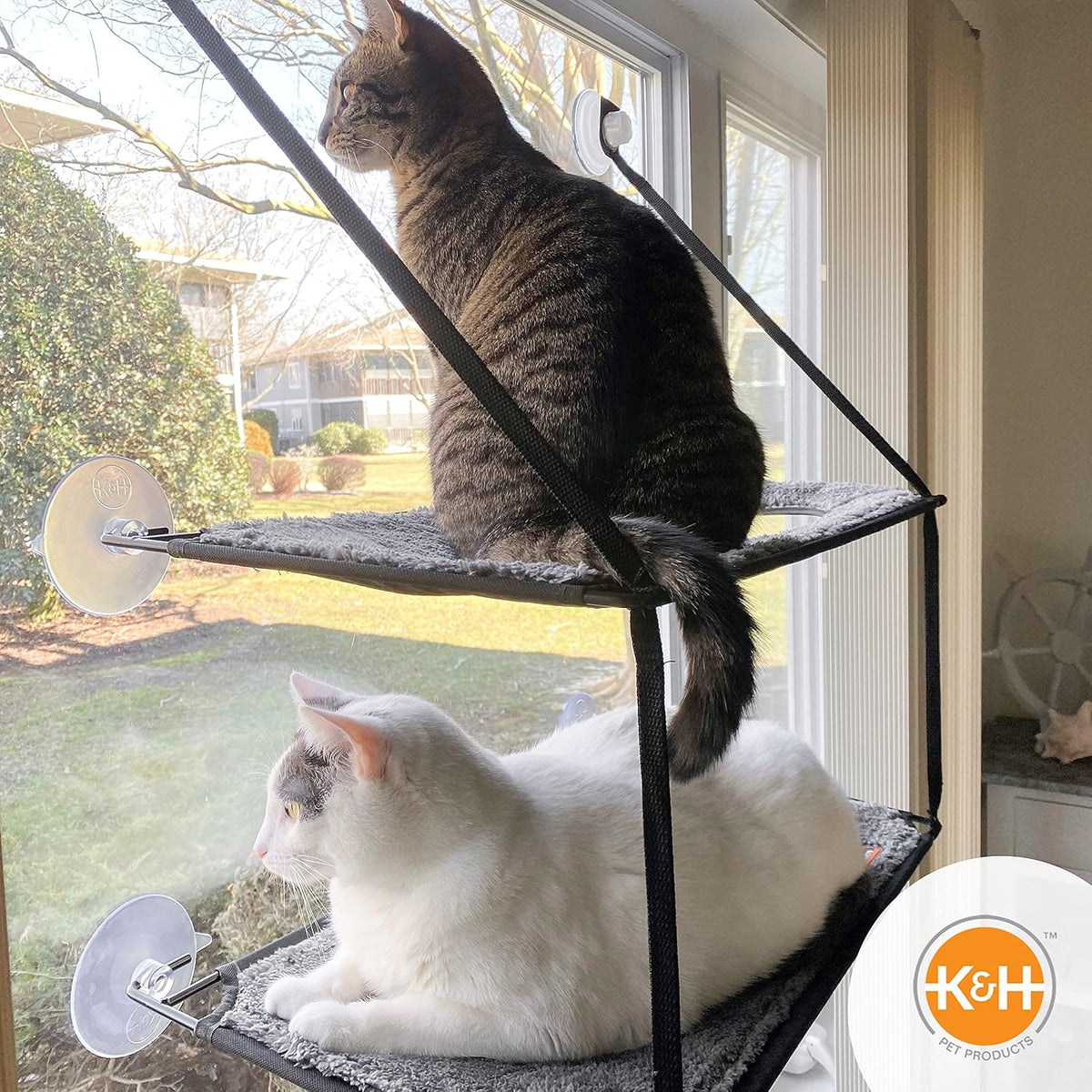 K&H Cat Window Perch, EZ Mount Double Stack Kitty Sill for Large Cats, Gray