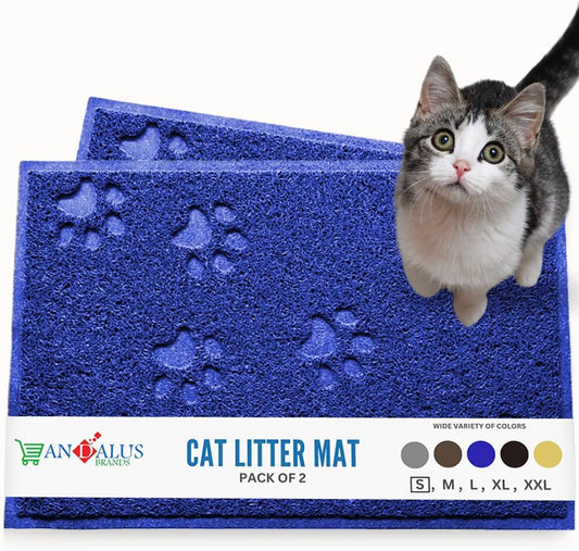 Andalus Small Cat Litter Mat, Pack of 2 - Waterproof, Non-Slip & Easy to Clean Cat Litter Box Mat for Extra Efficient Pet Litter-Trapping, Blue (15.75” X 11.75”)