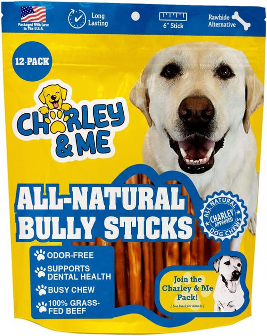 CHARLEY & ME All-Natural Bully Sticks for Dogs Made in the USA - Low-Odor, Rawhide-Free 6” Beef Chews for Aggressive Chewers & Dental Health (Pack of 12)