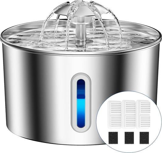 Cat Water Fountain Stainless Steel - 108Oz/3.2L Automatic Large Pet Watering Bowl Dispenser for Indoor Cats - Drinking Fountains with 3 Filter for Dogs and Kitty - Outdoor Dog Waterer Bowls No Spill