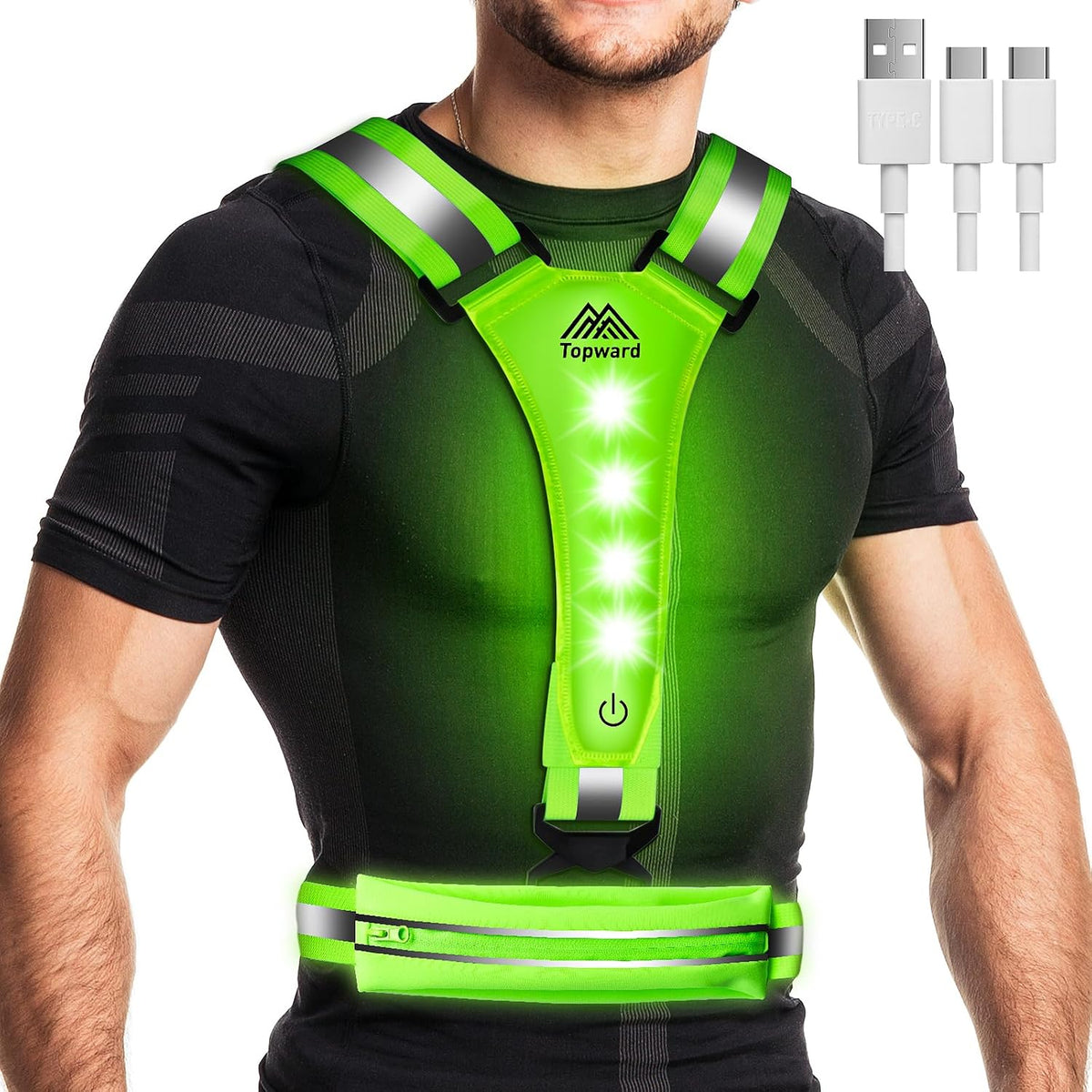 Topward LED Reflective Vest Running Gear, USB-C Rechargeable, Light up Lights for Night Dog Walking Cycling, Running Phone Holder Vest for Runners, High Visibility with Adjustable Waist/Shoulder