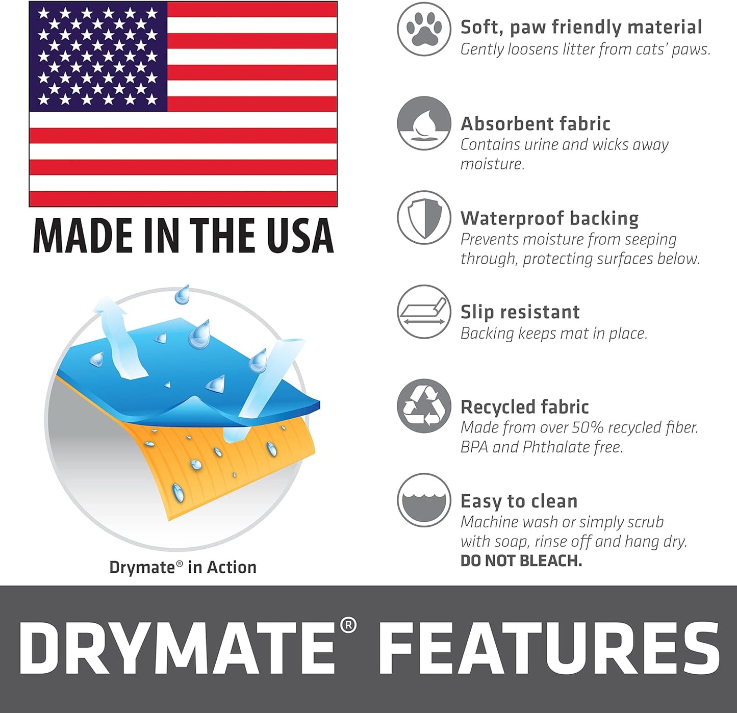 Drymate Cat Litter Box Mat, Litter Trapping Mat, Waterproof, Urine-Proof, Absorbent, Machine Washable, Soft on Paws, Contains Mess, Protects Floors, Kitten Supplies, Gray, 20X28