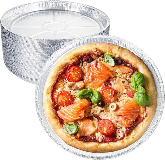 50 Pack 8 Inch round Foil Pizza Pans, Disposable Aluminum Pizza Pans for Pizzas, round Pizza Pan Foil Focaccia Pan, Chocolate Cookies Cake Tin, Serving Platter Tray, Freezer & Oven Safe