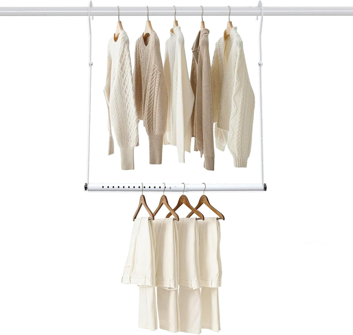 Hanging Closet Rod Extenders, Adjustable Width and Height Closet Extender Hanging Rod, Space-Saving Closet Hanging Rod, Heavy Duty Closet Bar for Hanging Clothes, 1 Pack White