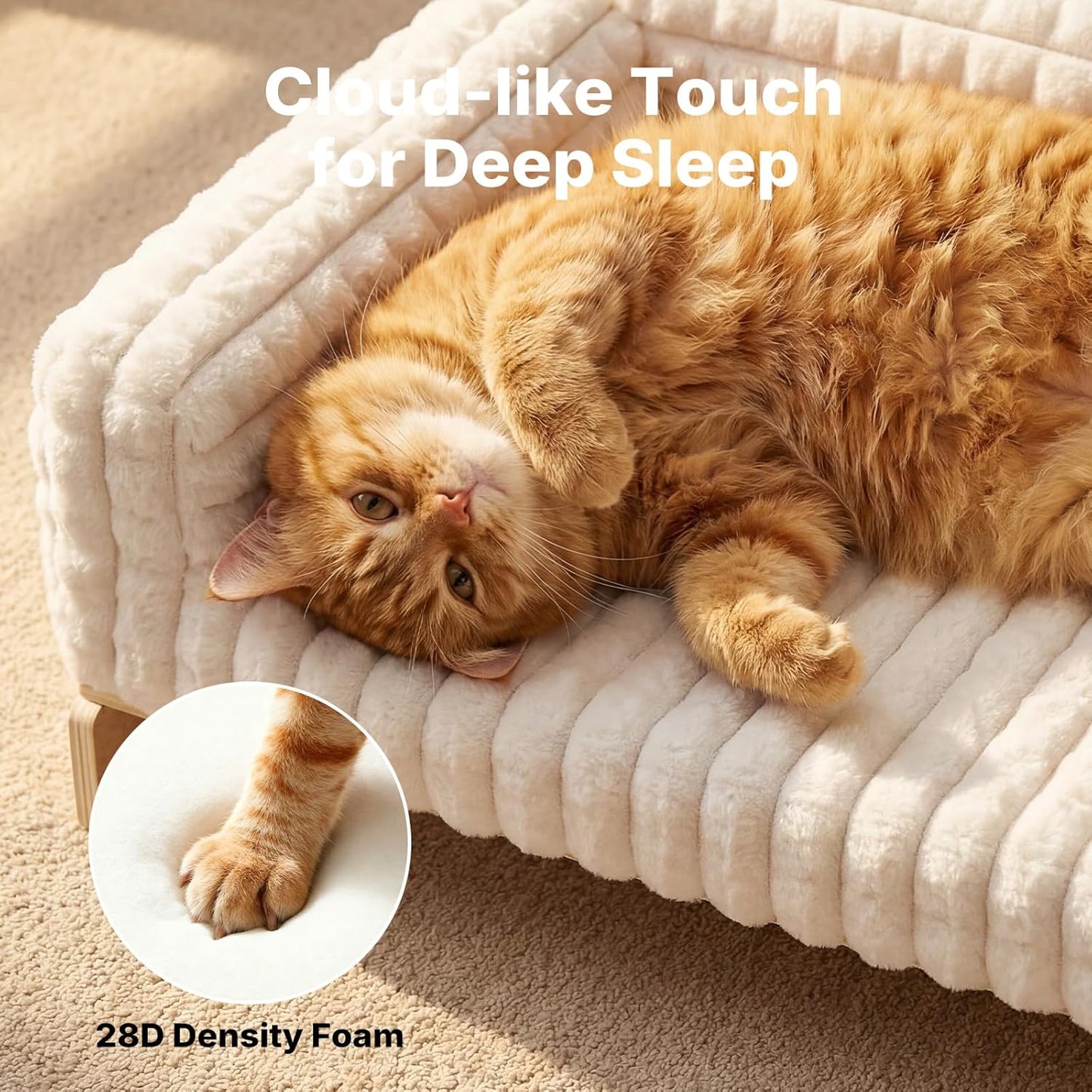 Veehoo Elevated Cat Bed Indoor, Wood Furniture Style Cat Couch Sofa with Removable Washable Cover, Cute & Fluffy Small Cats Bed Furniture for Home