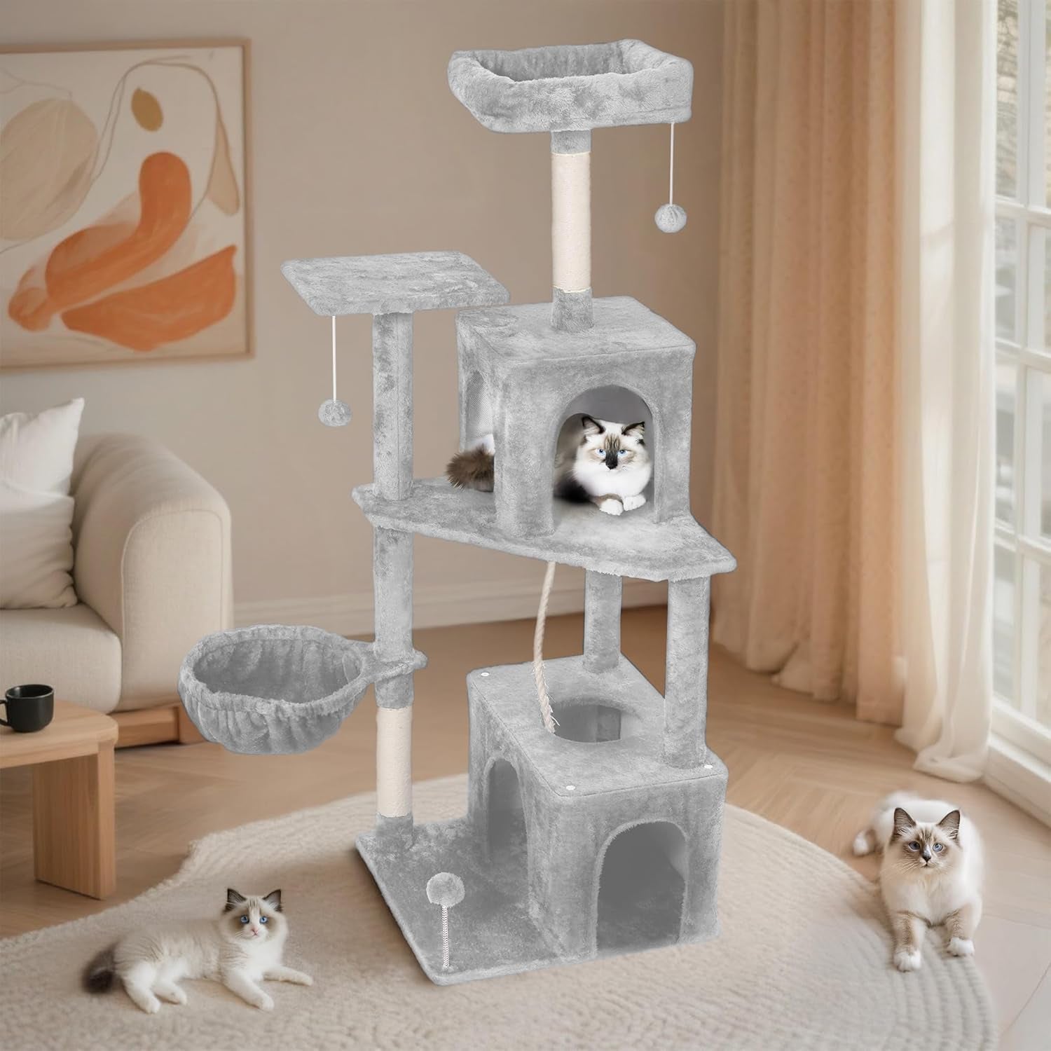 54-Inch Cat Tree Tower with 2 Caves & 2 Pompoms - Multi-Level Tower for Indoor Cats, Soft Plush Condo with Scratching Posts - Sturdy Base for Large Cats (Light Grey01)