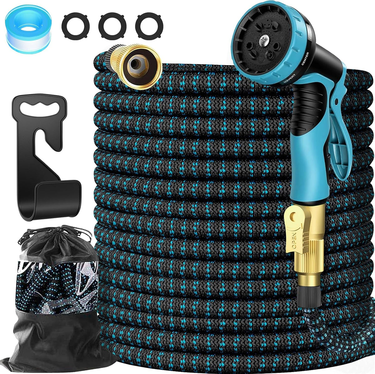 100 Ft Expandable Garden Hose with 10-Function Spray Nozzle – Flexible Water Hose with 3/4" Solid Brass Fittings, 3750D Extra-Strong Fabric, 5-Layer Latex Core, Leakproof & Kink-Free Expanding Hose