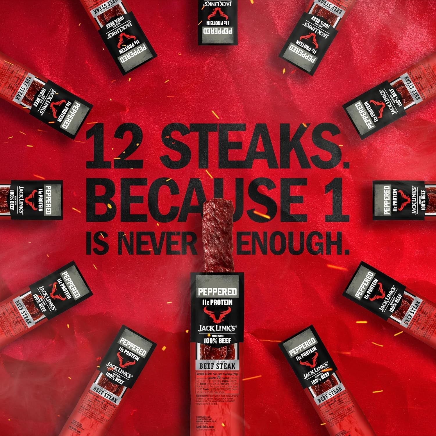 Jack Link'S Peppered Beef Jerky Steaks - Ready to Eat Real Meat Protein Snacks - 11G Protein per Serving - Made with 100% Real Beef - (12 Pack) 1 Oz Meat Snacks