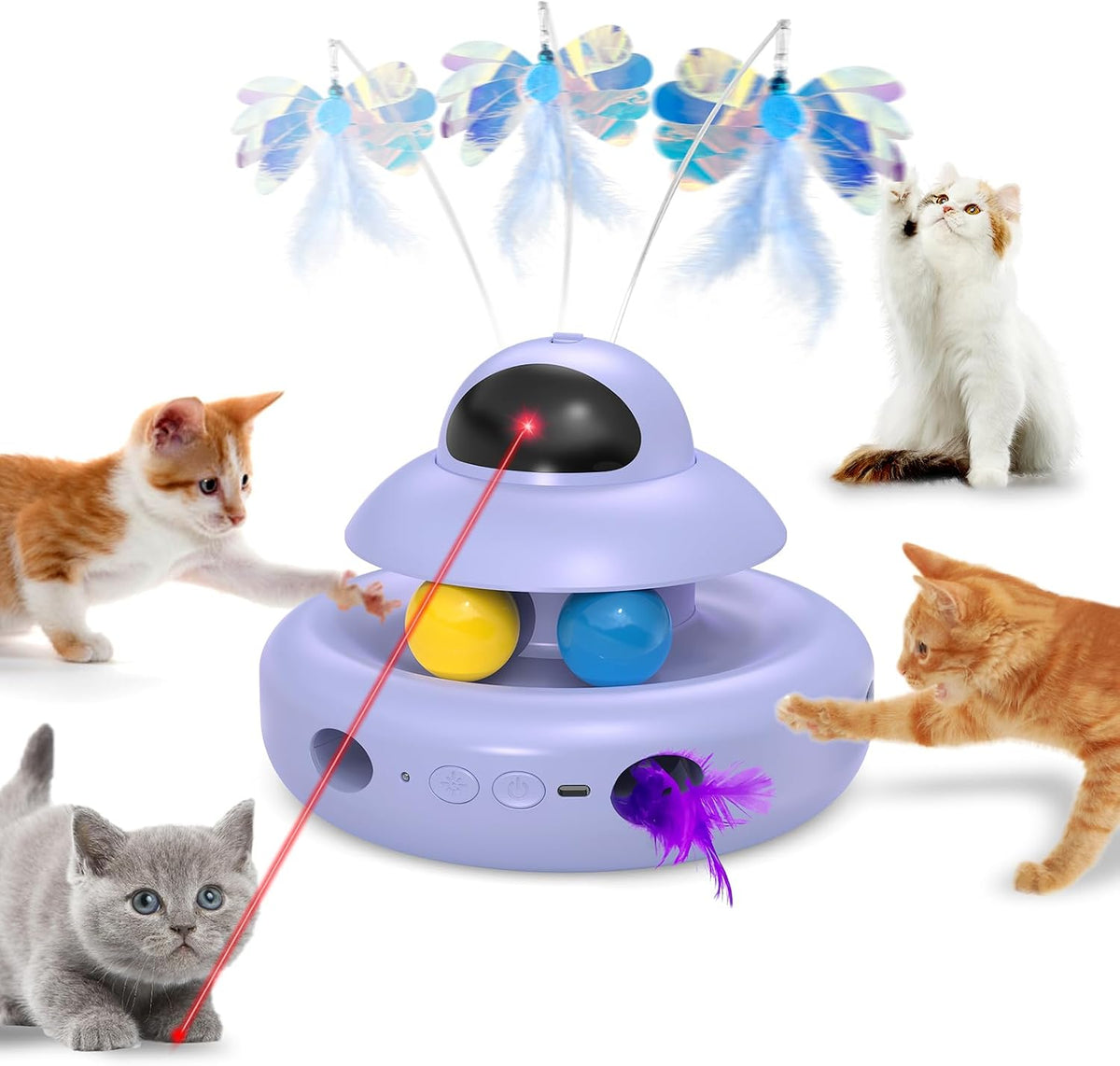 MOHAYA Cat Toy,Purple 4-In-1 Interactive Cat Toys for Bored Indoor Adult Cats,Electric Flying Butterfly,Rechargeable Automatic Toy,Moving Ambush Feather,Track Balls