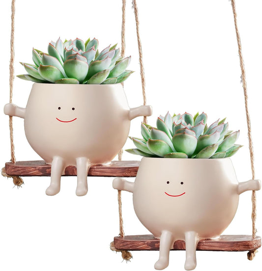 2 PCS Swinging Face Plant Pots 【Thicken Version】 Unique Cute Hanging Succulent Cactus Flower Head Resin Planters Pots for Indoor & Outdoor, Creative Novelty Decorative Planter Gift for Home Garden