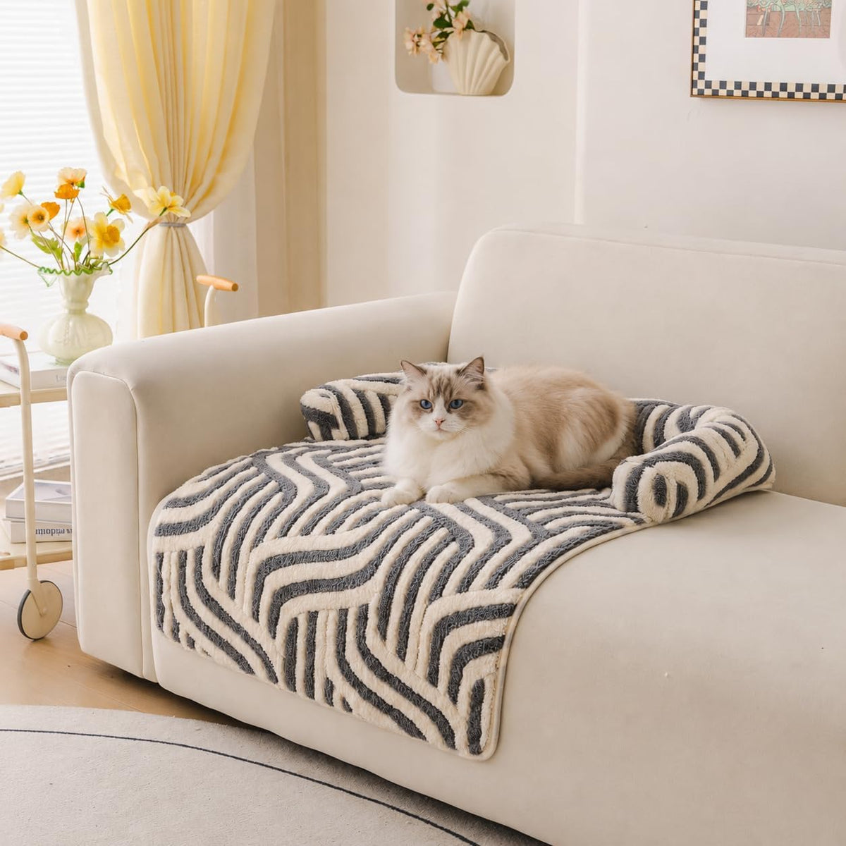 Calming Dog Bed Mats, Couch Bed Mat, Plush Fleece 3-Sided Bolster Pet Sofa Bed Supports Head & Neck, Grey Zebra