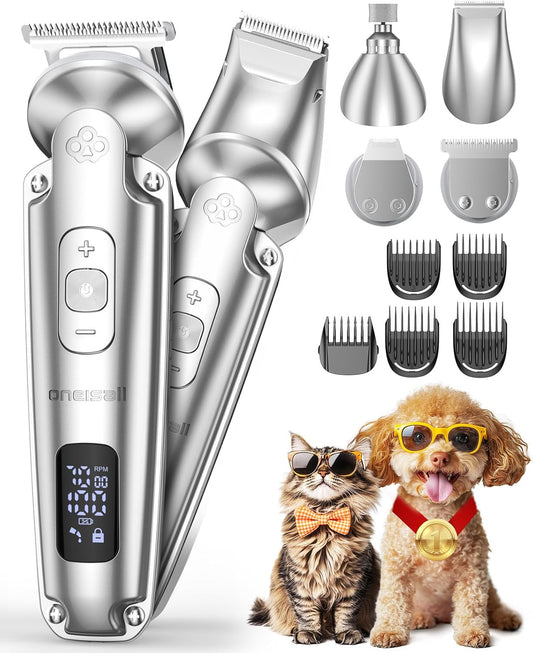Oneisall Small Dog Clippers and Paw Trimmer with Low Noise, 4 - in - 1 Cordless Dog Grooming Kit with 3 - Level Speed Clippers (7000 RPM) for Grooming Thick Hair, Waterproof Shaver for Dogs and Cats