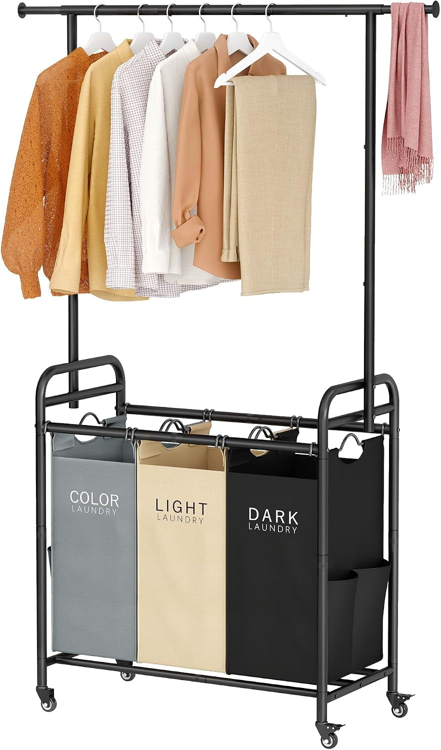 Tajsoon Laundry Sorter Cart with Hanging Clothes Rack, 3 Section, 3 Colors
