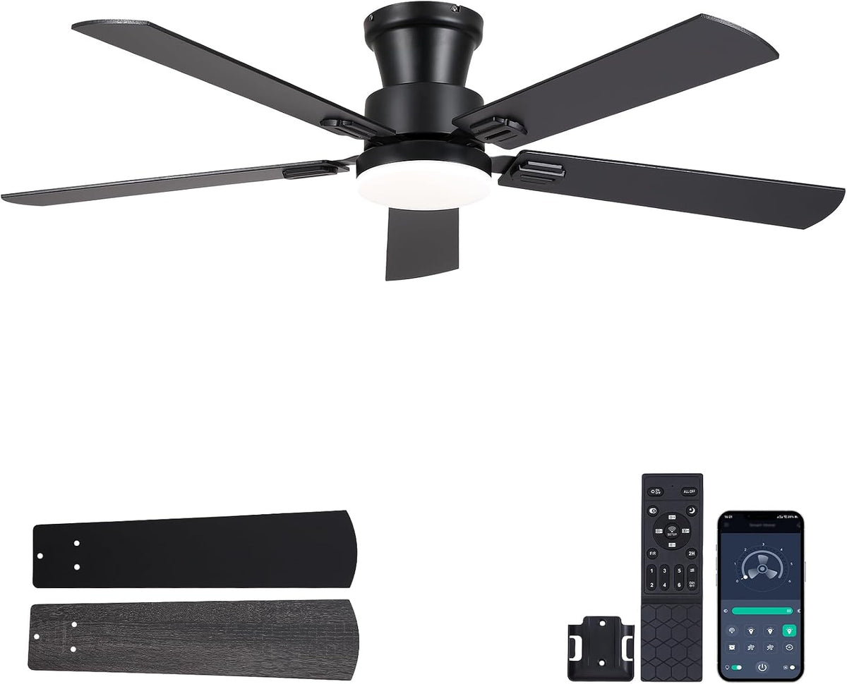 NKPU 52 Inch Low Profile Ceiling Fans with Lights, Black