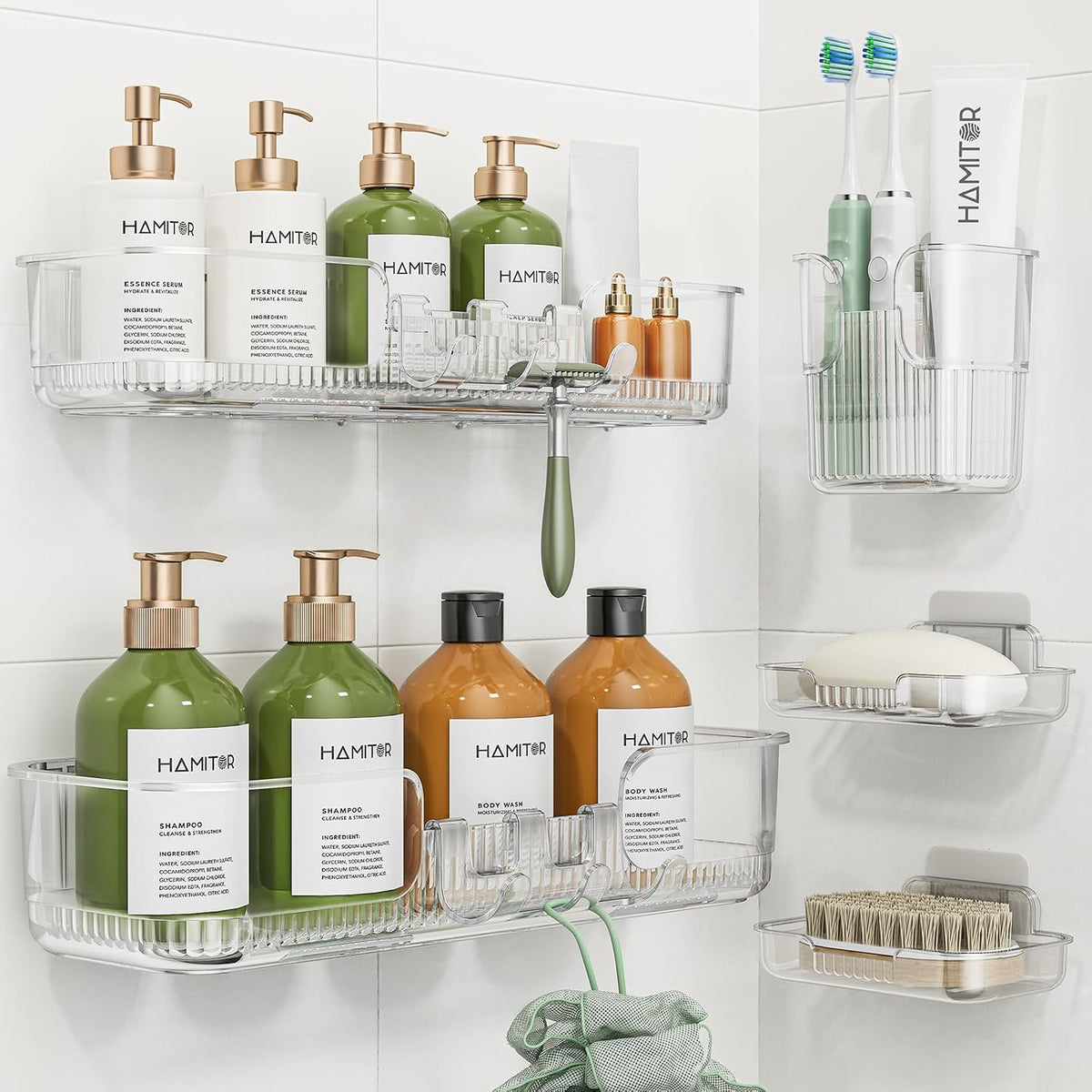 HAMITOR 5 Pack Adhesive Shower Caddy, Clear Transparent Shower Organizer
