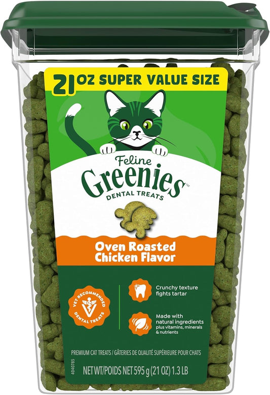 Greenies Cat Treats, Feline Veterinarian-Recommended Adult Natural Dental Cat Treats, Oven Roasted Chicken Flavor, 21 Oz. Tub