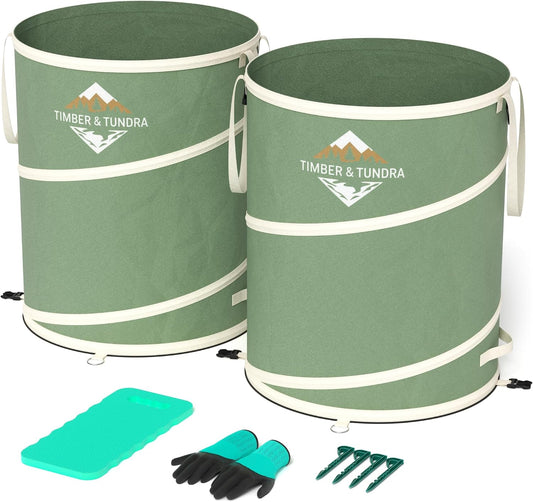 Timber & Tundra 40-Gallon Collapsible Trash Can Set of Two with Stakes, Gardening Gloves and Kneeling Pads | Pop up Trash Can for Camping