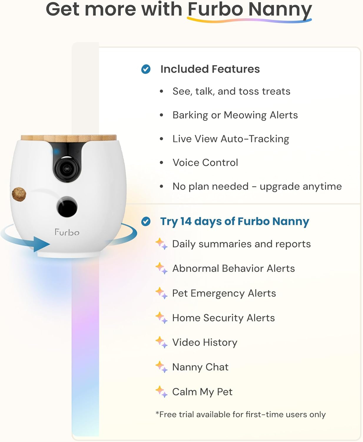 Furbo Mini 360° 2K QHD Pet Camera: Basic See, Talk & Toss Features, No AI Alerts, No Subscription Required, Dog & Cat Rotating Treat Dispenser W/Phone App, Smart Indoor Cam, 2-Way Audio & Night Vision