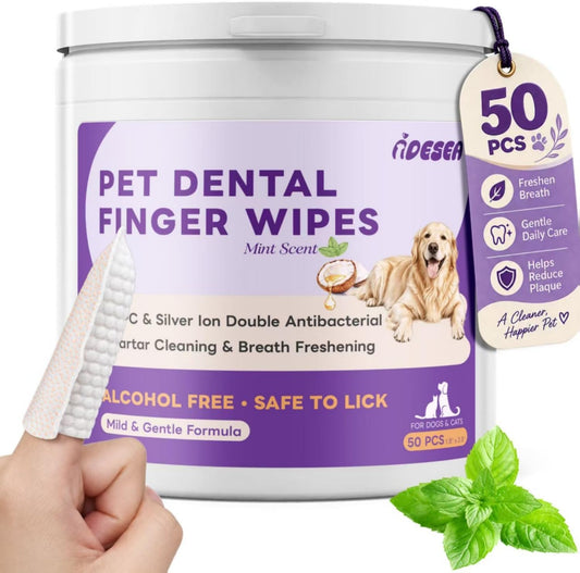 Dog Dental Wipes for Teeth Cleaning, Dual-Sided Finger Teeth Cleaning Wipes for Dogs Cats, Reduce Bad Breath & Plaque Tartar, No-Rinse Daily Oral Care, Dog Toothbrush & Toothpaste - 50Pcs (Mint)