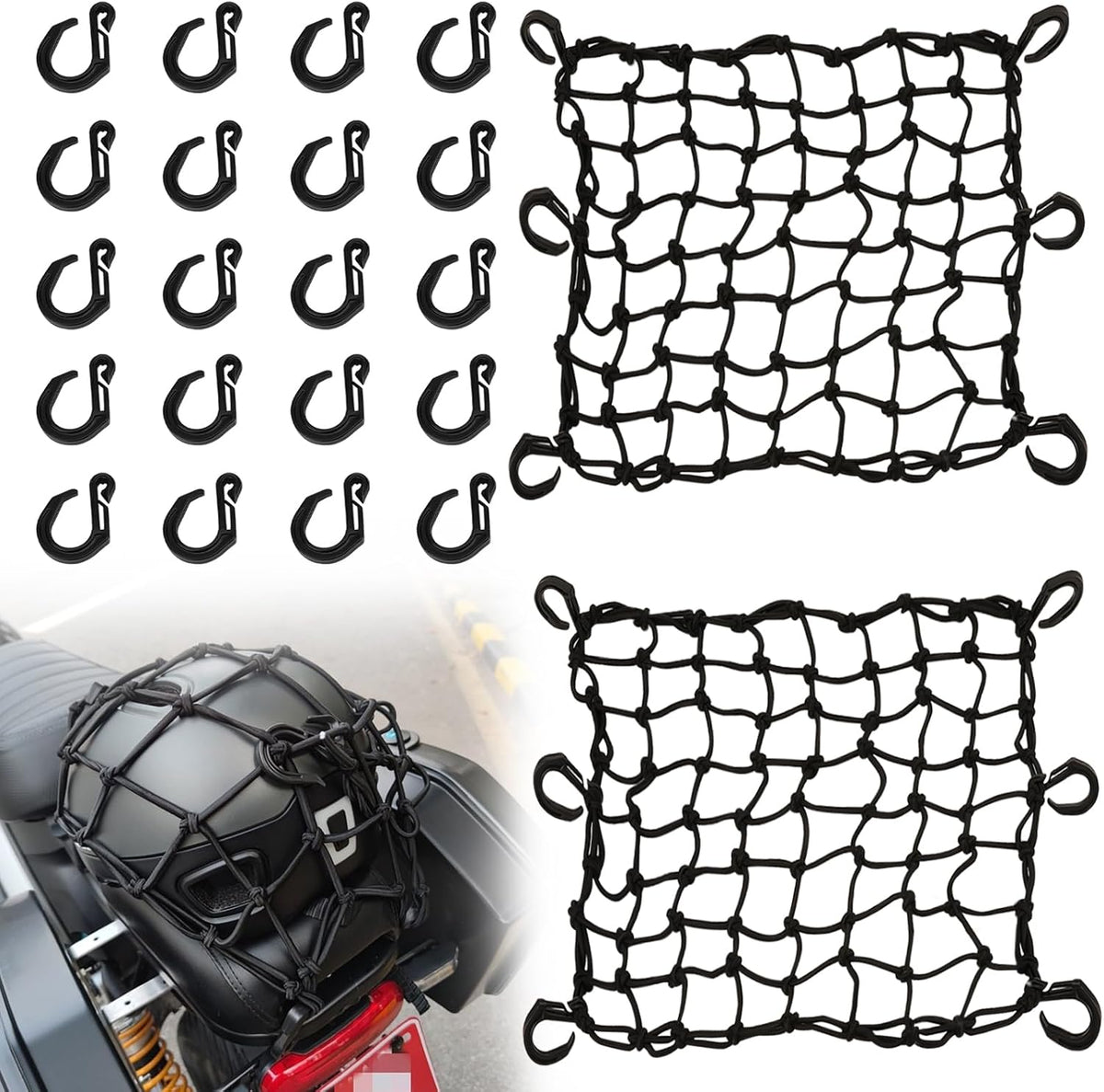 2 Pack Motorcycle Cargo Net, 15"X15" to 35"X35" Bungee Net for Helmet