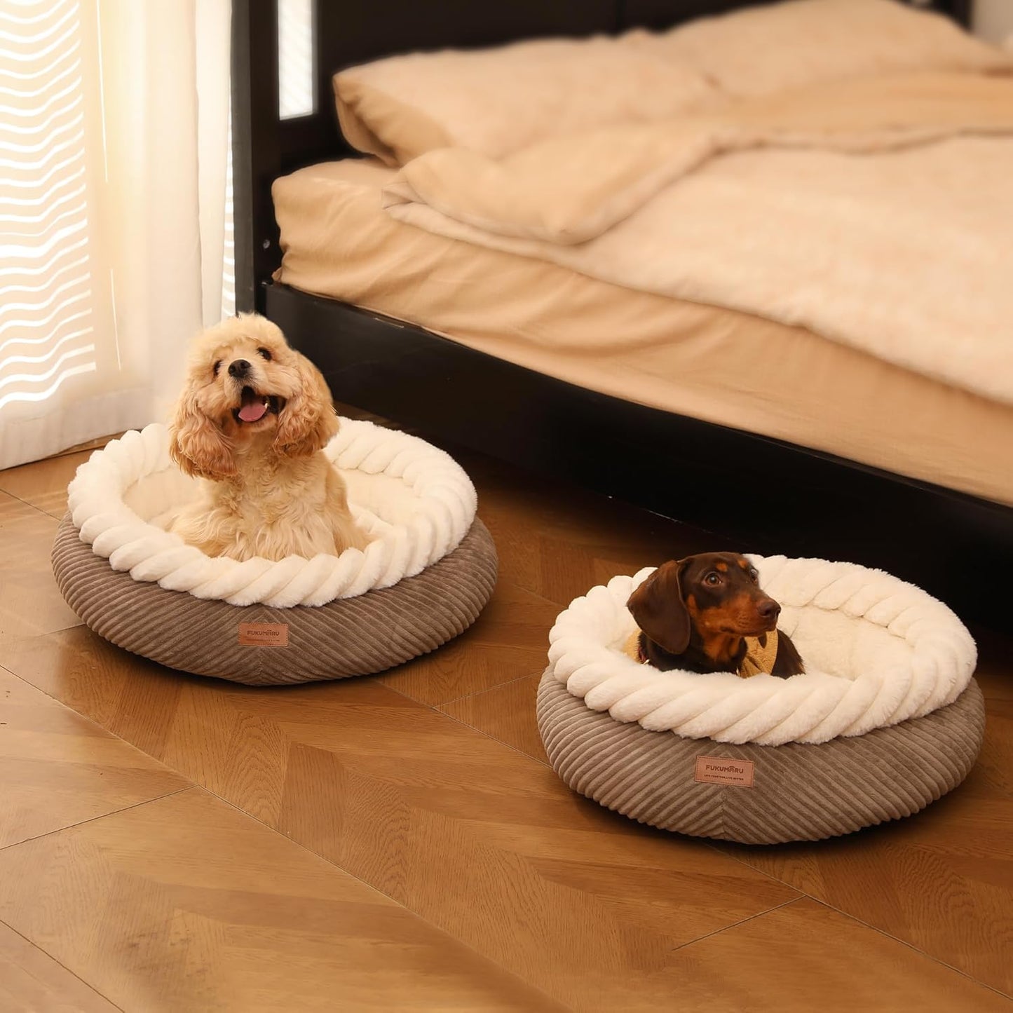 FUKUMARU Cat Bed, Calming Donut Dog Beds, Plush Faux Fur&Corduroy Kitten Beds, Cute round Washable Pet Bed for Large Cats and Puppy, Cat Cave with Anti-Slip Bottom, 21Inch, Camel