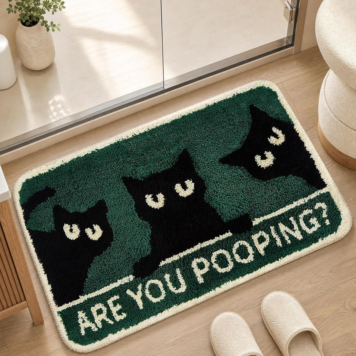 Cute Cat Bath Mat, Non Slip Funny Rug, Soft Absorbent Kitchen Carpet Machine Washable, Animal Patterns Green Rug for Shower Sink Bathtub Room Decor, 32 X 20 Inch