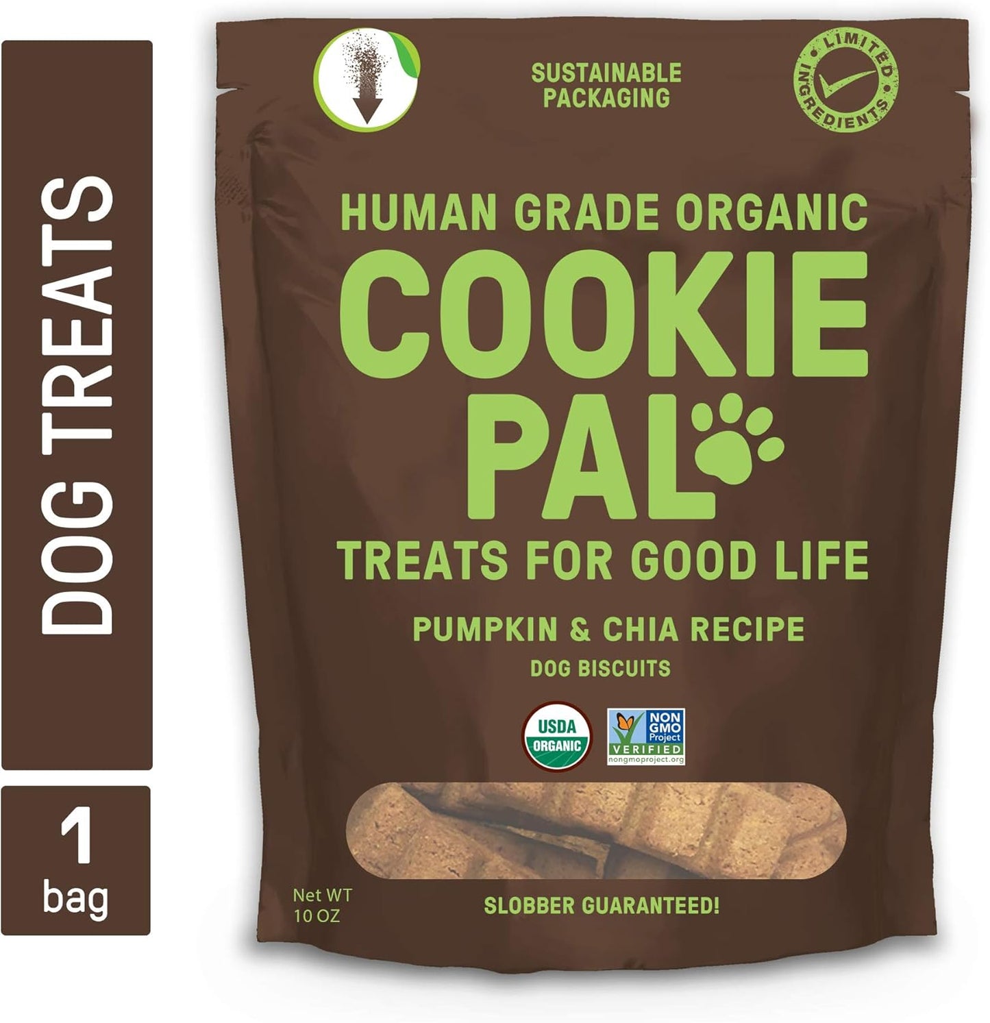 Cookiepal Human Grade Dog Treats, Pumpkin and Chia Seed Recipe, Organic Non-Gmo and Simple Ingredients, 10 Oz Bag