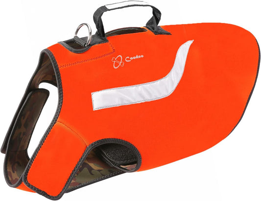 Coodeo Dog Hunting Vest Orange, Camo and Reversible Reflective Dog Tactical Harness Hound Jacket for Protection and Security, 4.5Mm Neoprene Waterproof Safety Dog Vest Both Sides to Wear (Large)