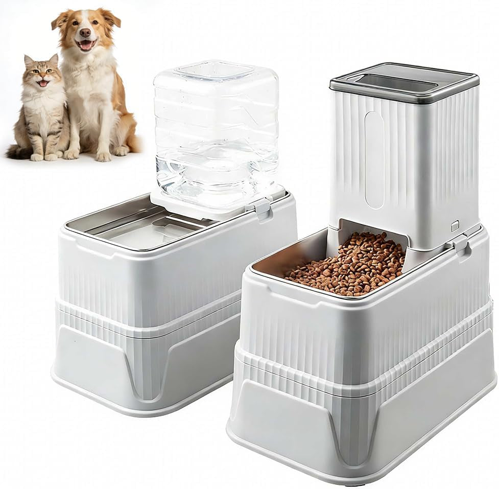 Elevated Automatic Pet Feeder & Water Dispenser, 128 Fl Oz/1 Gallon Water & 4.4Lb Food Capacity, Stainless Steel Bowl, 2-Level Height Adjustable, Neck Protection for Small/Medium Dogs,Anti-Choking