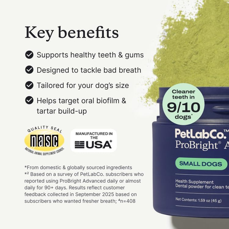 Petlab Co. Probright Advanced Dental Powder - Dog Breath Freshener - Teeth Cleaning Made Easy – Targets Tartar & Bad Breath - Packaging May Vary - Formulated for Small Dogs