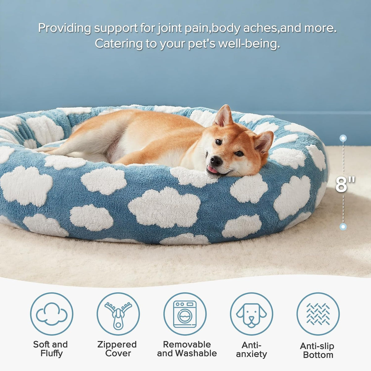 JOEJOY Jacquard Donut round Dog Beds Medium Sized Dog,Blue 30X30X8In, Removable Washable Cover, Cute Pattern, Ultra Soft Fluffy Calming Pet Bed with Thick Supportive Bolster