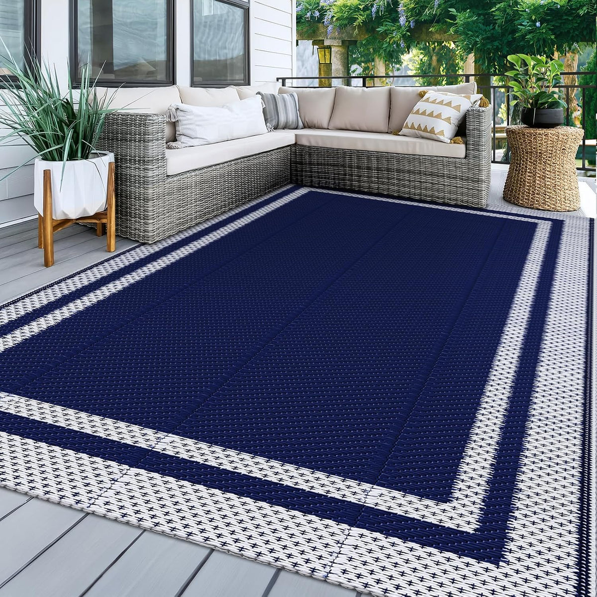 KMAT Outdoor Rug, Waterproof Reversible Patio Rugs, 5X8Ft Large Outdoor Area Rug Foldable Plastic Camping Rugs for outside RV, Patio,Picnic,Camper,Balcony,Porch (Blue &White)