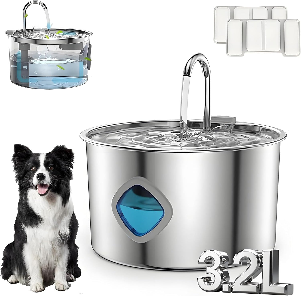 Pawdrate Dog Water Fountain,Large Capacity of 3.2L,3 Drinking Modes