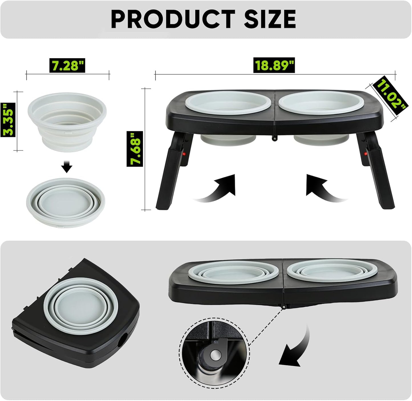 Elevated Dog Bowls Stand, 3 Height Adjustable Raised Dog Bowl with Collapsible Silicone Bowls, Non-Slip Stand for Small, Medium, Large Dogs & Pets