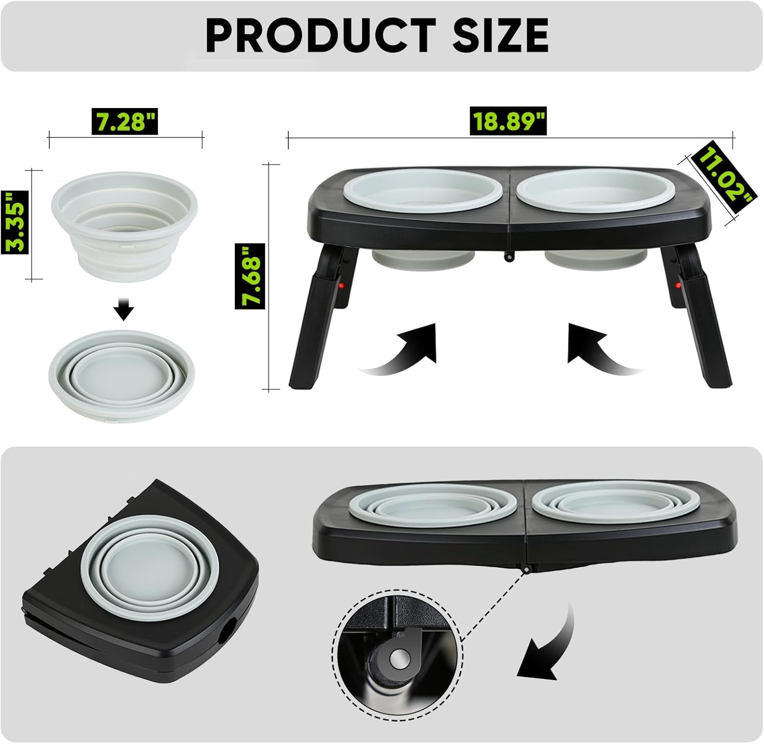 Elevated Dog Bowls Stand, 3 Height Adjustable Raised Dog Bowl with Collapsible Silicone Bowls, Non-Slip Stand for Small, Medium, Large Dogs & Pets