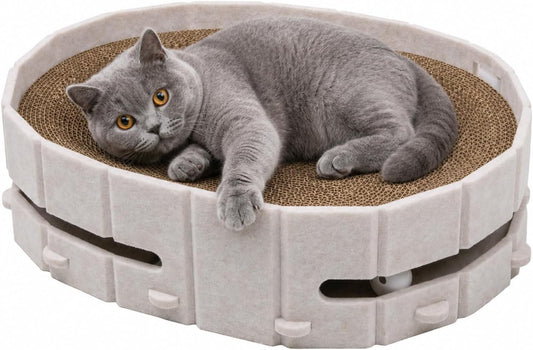 Interactive Cat Scratcher Lounge Bed Heavy Duty Corrugated Cardboard Cat Scratching Pad Bowl with Built-In Track & 2 Bell Balls for Indoor Cats Claw Care and Rest Cat Scratching Bowl, Beige